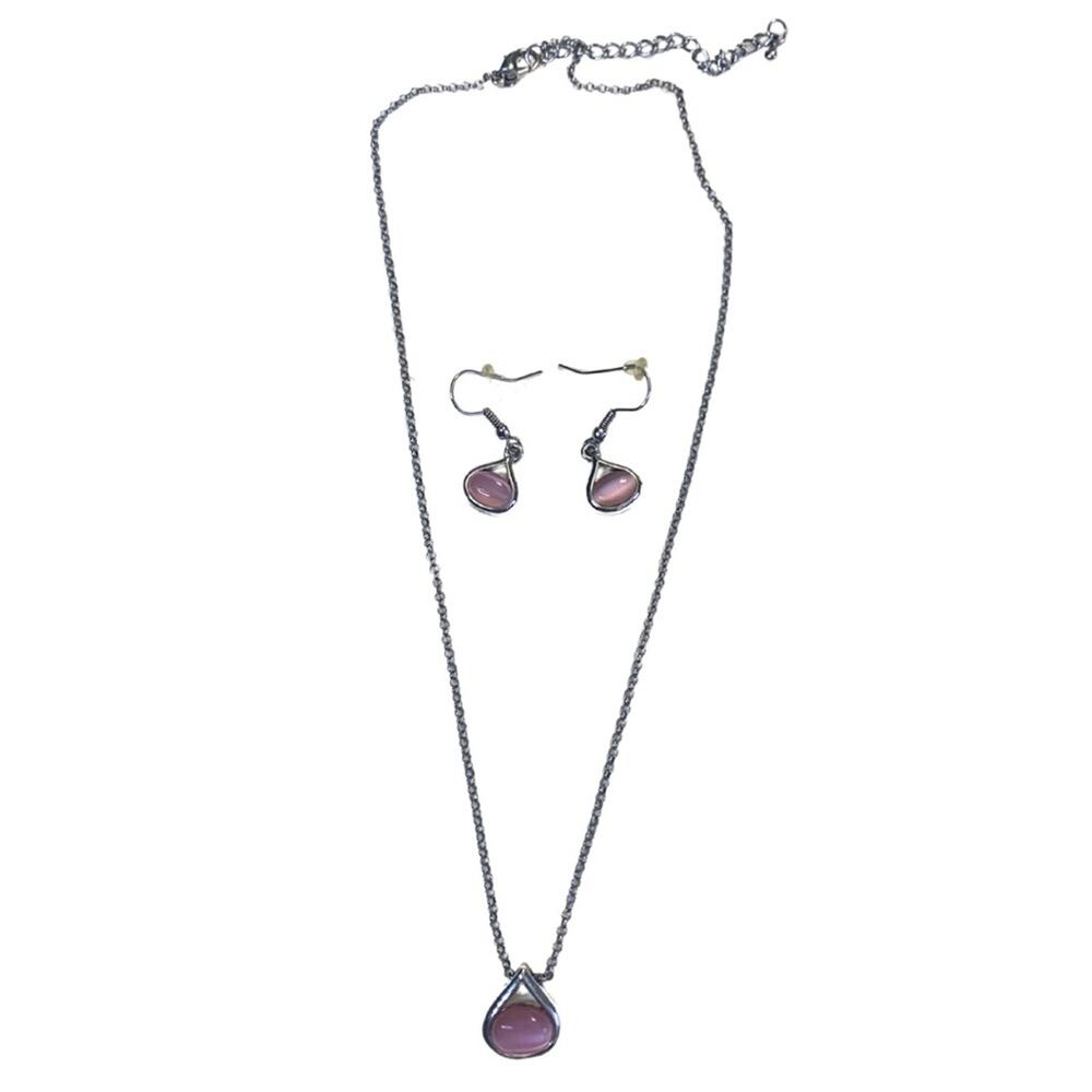2/$30 Pink Silver Tear Drop Set Necklace Dangle Earrings Minimalist Y2K 90s Goth